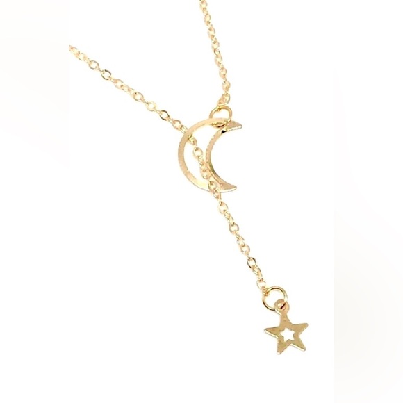 Crescent Moon and Star Hollow Open End Free Form Sautoir Dainty Gold Necklace - Picture 3 of 6